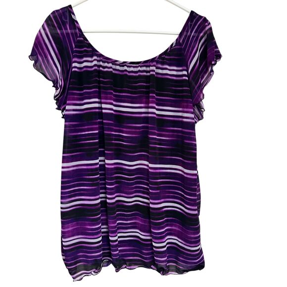 Worthington Purple Black White Striped Flutter Sleeve Top Blouse Size XL - Picture 6 of 8
